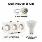 Kit downlight cuadrado basculante triple Bajo UGR + Portalámpara + Bombilla GU10