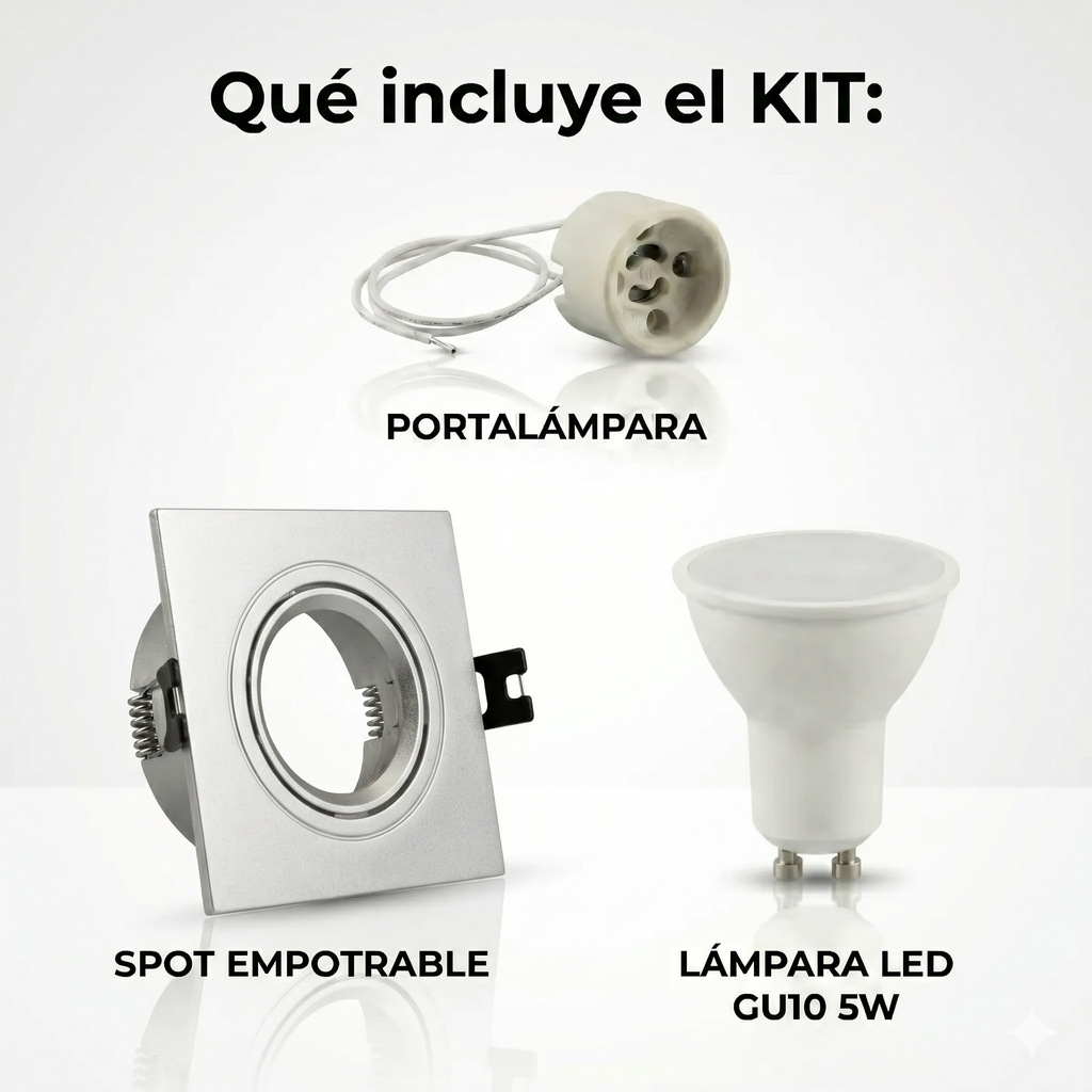 Kit Spot cuadrado basculante de embutir Corte Ø75mm + Portalámparas + Bombilla GU10
