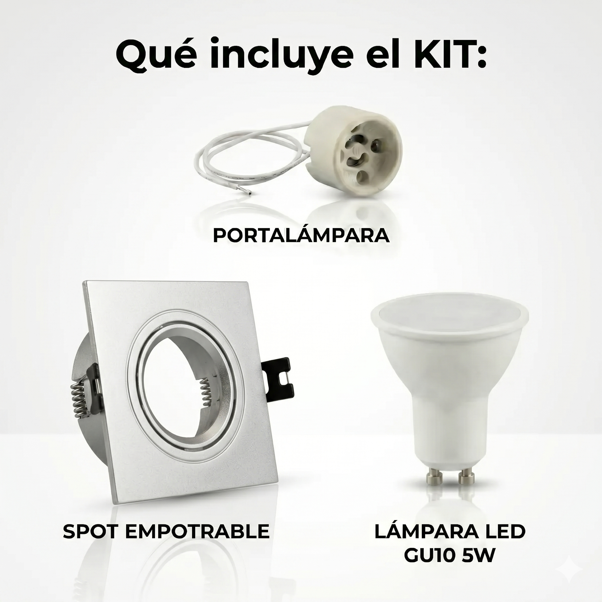 Kit Spot cuadrado basculante de embutir Corte Ø75mm + Portalámparas + Bombilla GU10