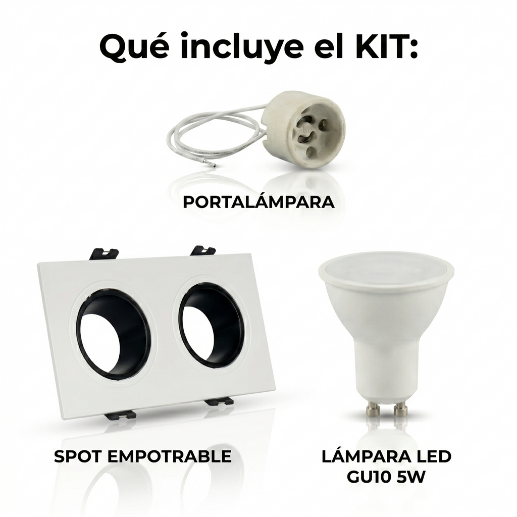 Kit downlight cuadrado basculante doble Bajo UGR + Portalámpara + Bombilla GU10