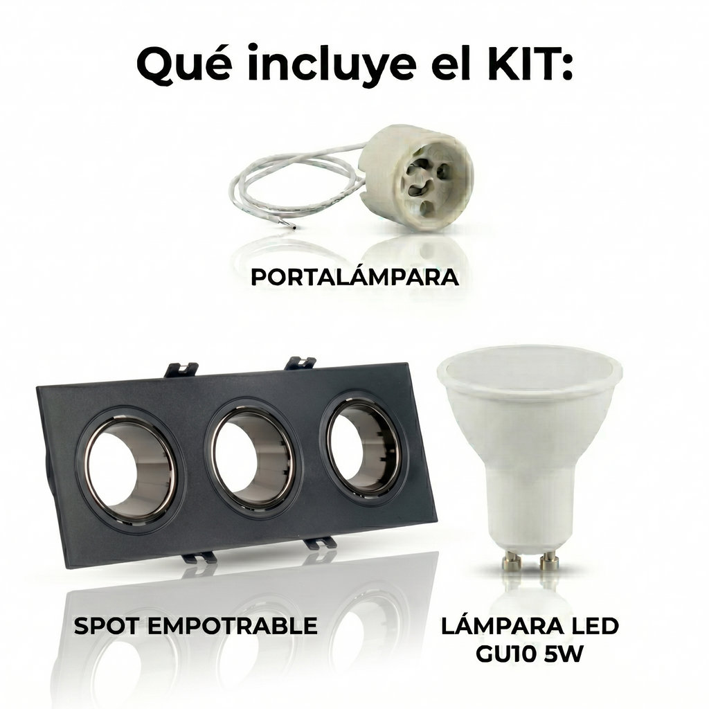 Kit downlight cuadrado basculante triple Bajo UGR + Portalámpara + Bombilla GU10