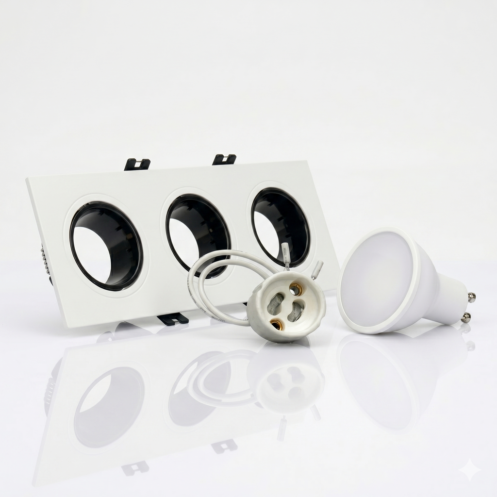 Kit downlight cuadrado basculante triple Bajo UGR + Portalámpara + Bombilla GU10
