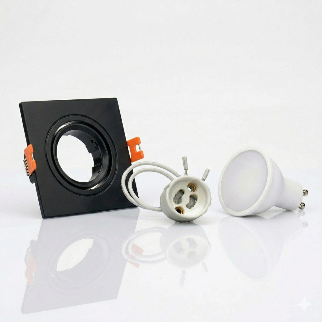 Kit Spot cuadrado basculante de embutir Corte Ø75mm + Portalámparas + Bombilla GU10