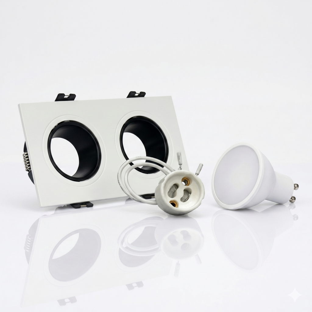 Kit downlight cuadrado basculante doble Bajo UGR + Portalámpara + Bombilla GU10