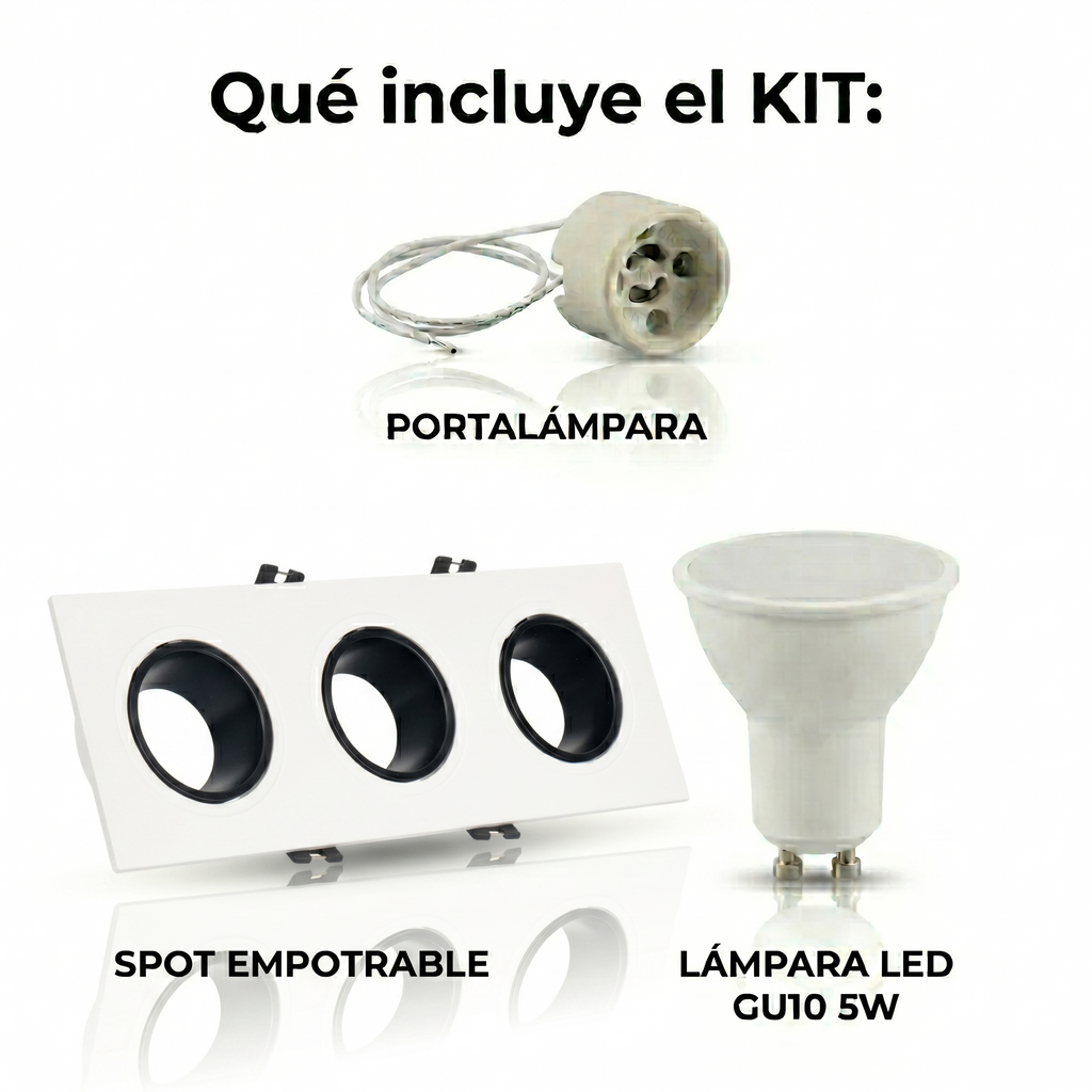 Kit downlight cuadrado basculante triple Bajo UGR + Portalámpara + Bombilla GU10