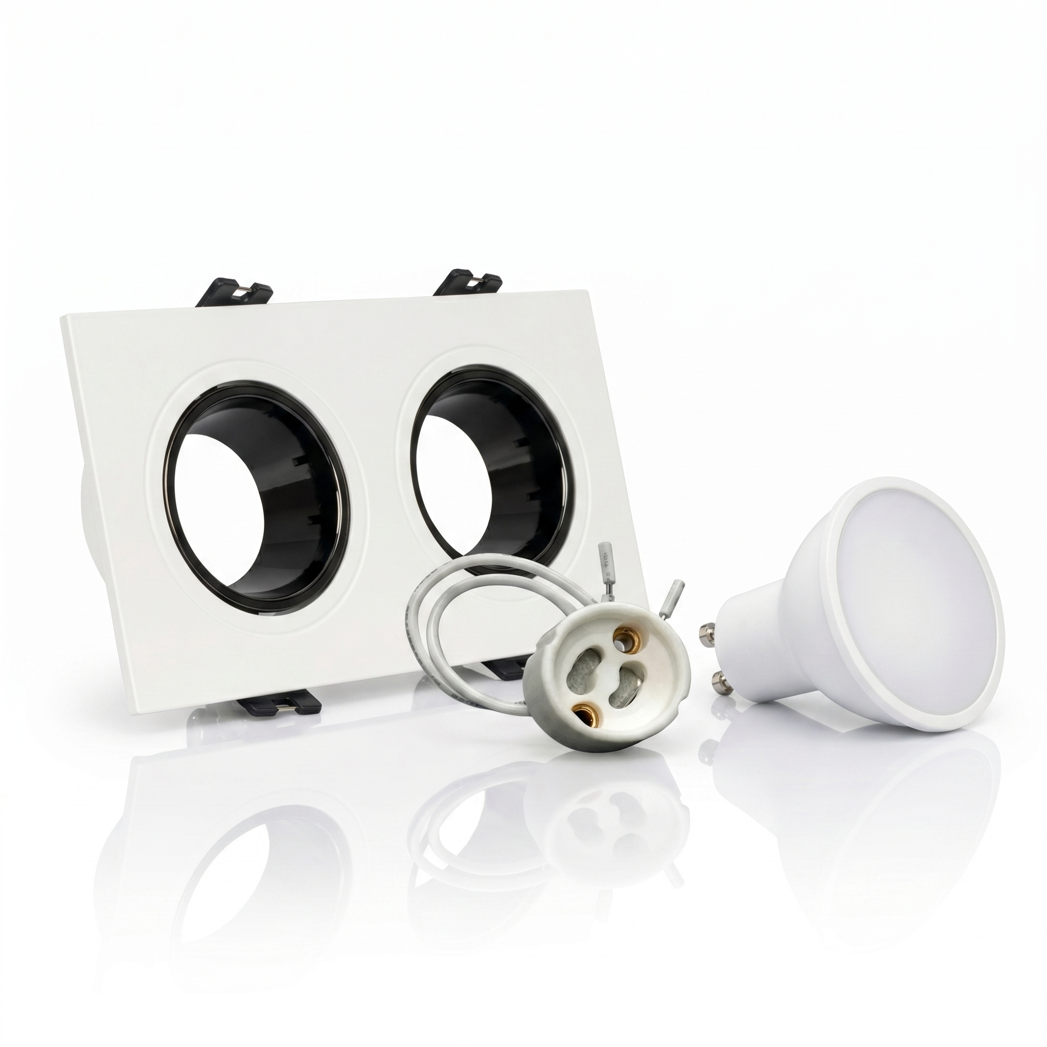 Kit downlight cuadrado basculante doble Bajo UGR + Portalámpara + Bombilla GU10