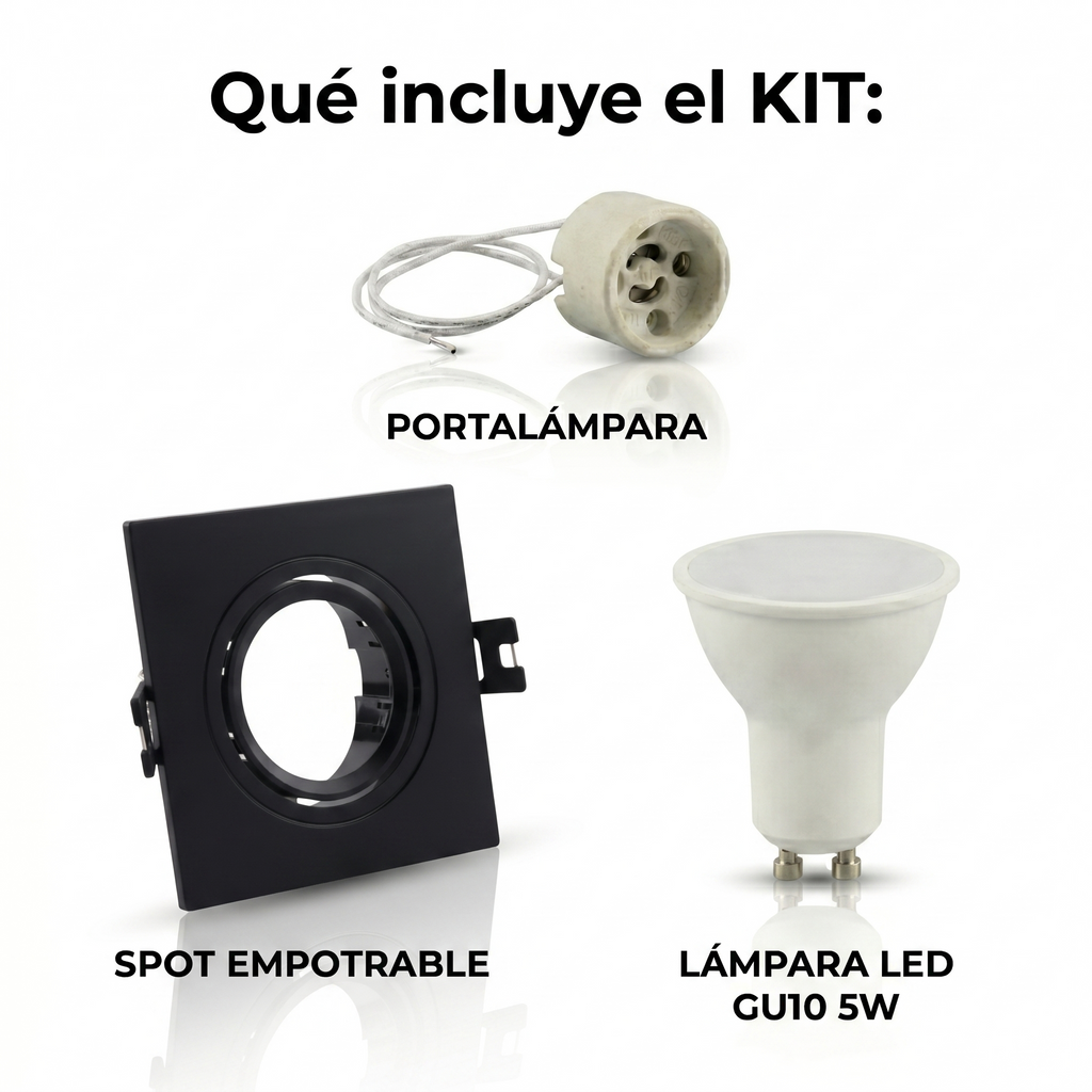 Kit Spot cuadrado basculante de embutir Corte Ø75mm + Portalámparas + Bombilla GU10