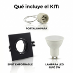Kit Spot cuadrado basculante de embutir Corte Ø75mm + Portalámparas + Bombilla GU10