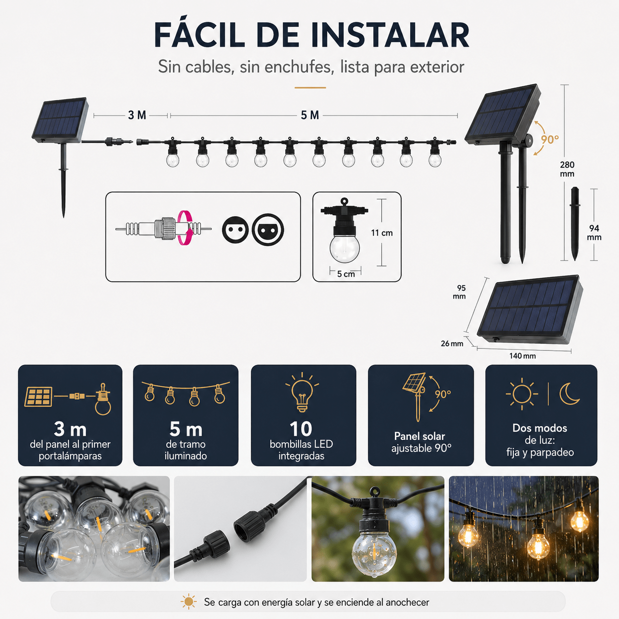 Guirnalda LED con panel solar de 8 metros con 10 bombillas integradas - Barcelona LED Argentina