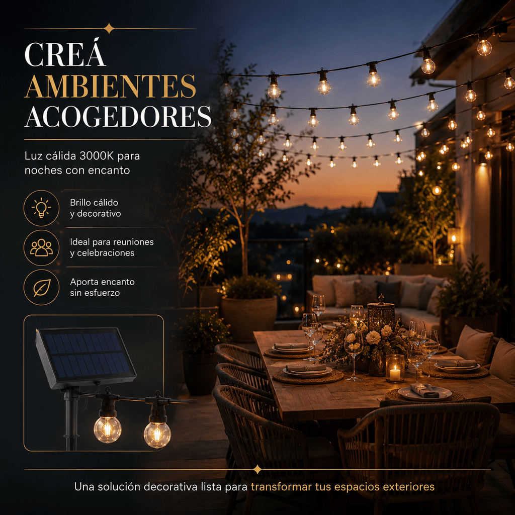 Guirnalda LED con panel solar de 8 metros con 10 bombillas integradas - Barcelona LED Argentina