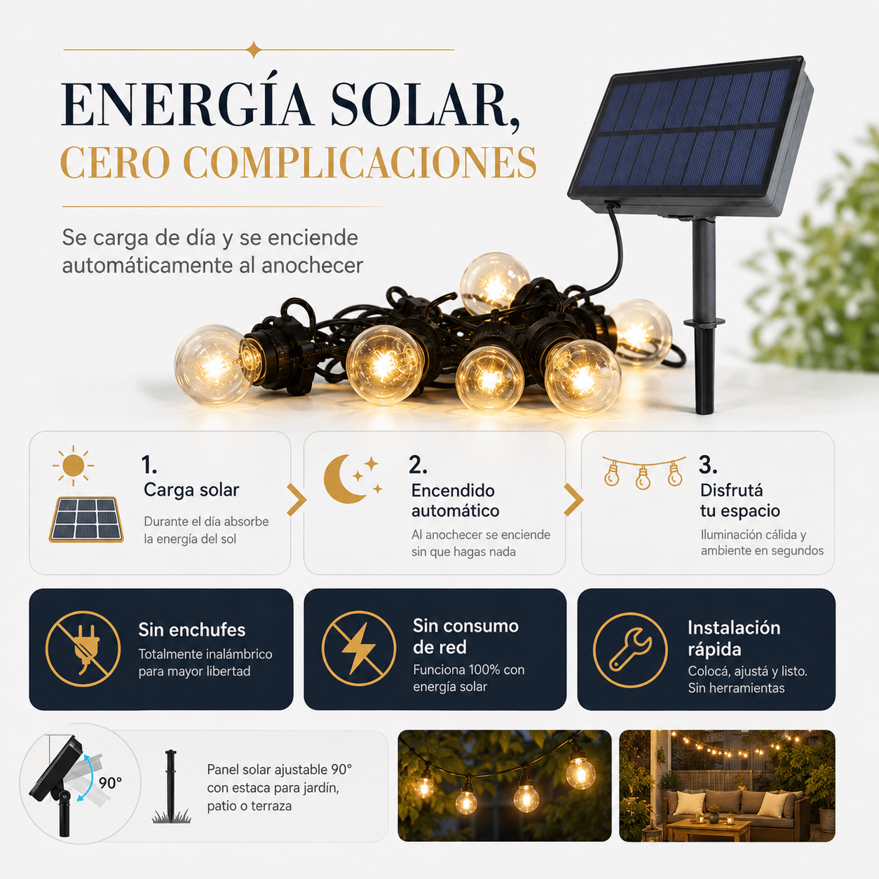 Guirnalda LED con panel solar de 8 metros con 10 bombillas integradas - Barcelona LED Argentina