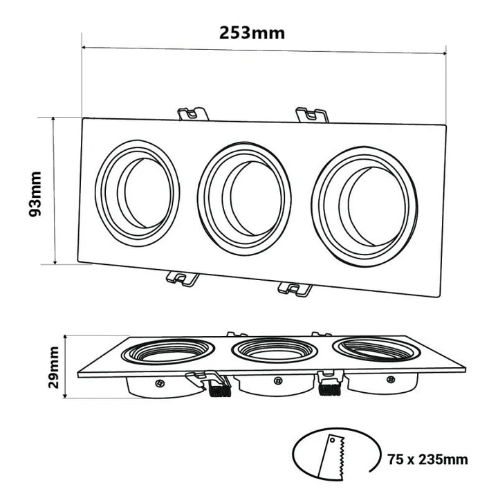 Kit downlight cuadrado basculante triple Bajo UGR + Portalámpara + Bombilla GU10