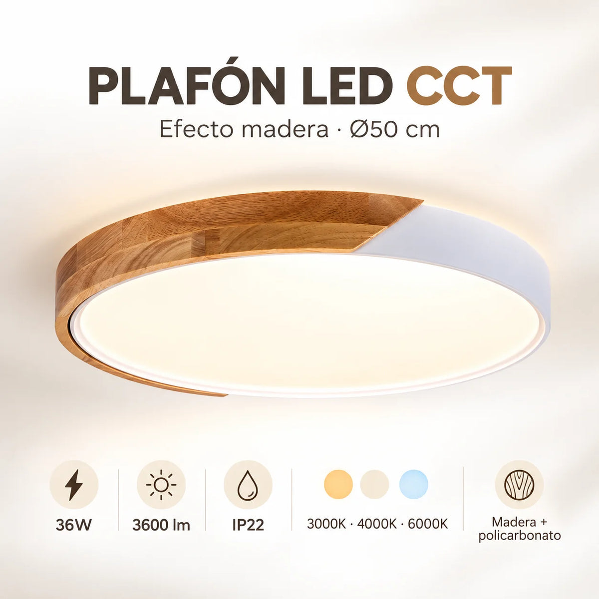 Plafón LED techo CCT 36W - Madera y Policarbonato- ø50cm - IP22