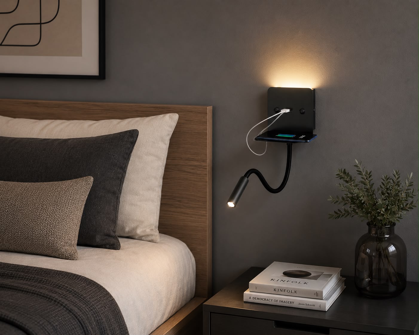 Aplique de pared LED para lectura "SLANGE" 3W + 6W orientable y base de carga USB