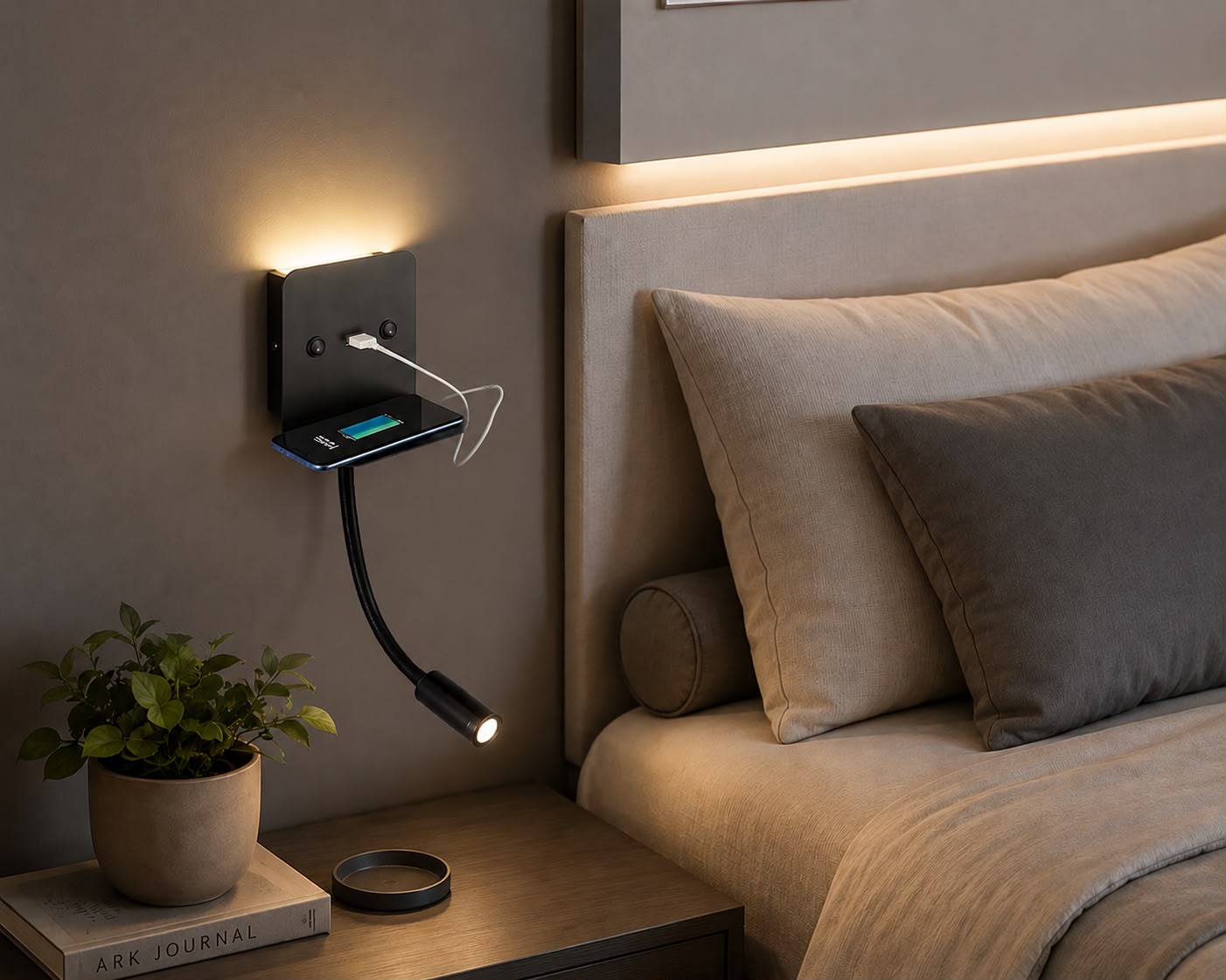 Aplique de pared LED para lectura "SLANGE" 3W + 6W orientable y base de carga USB