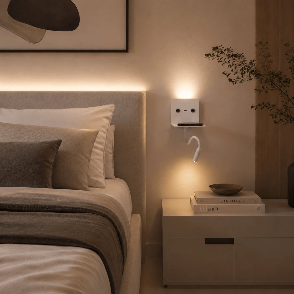 Aplique de pared LED para lectura "SLANGE" 3W + 6W orientable y base de carga USB - Barcelona LED Argentina
