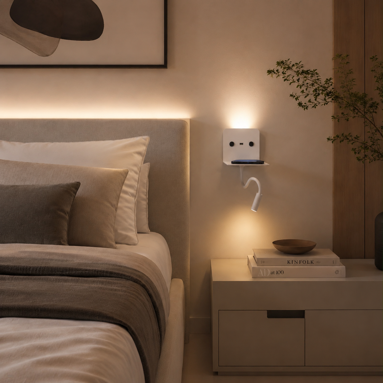 Aplique de pared LED para lectura "SLANGE" 3W + 6W orientable y base de carga USB