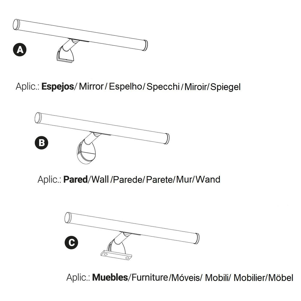 Aplique espejo baño LED tubular - 30cm - 5W | 3 formas de fijación