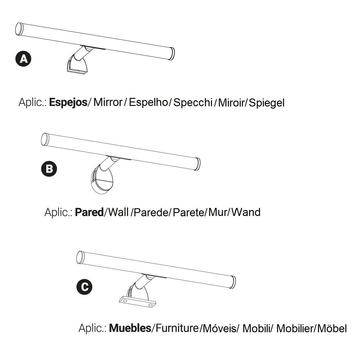 Aplique espejo baño LED tubular - 30cm - 5W | 3 formas de fijación