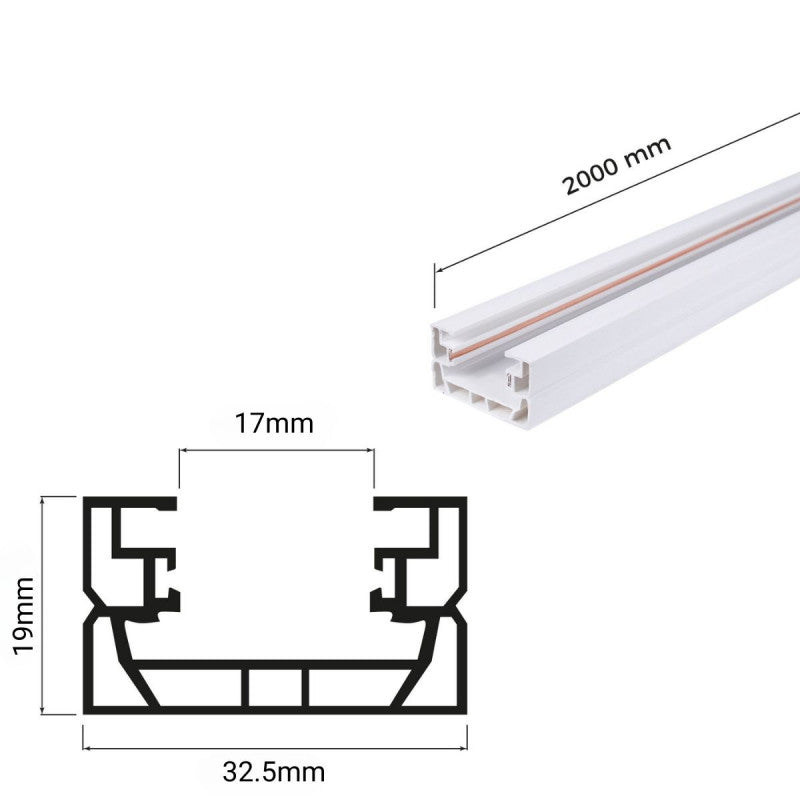 Carril monofásico de PVC para focos LED - Superficie - 2 metros