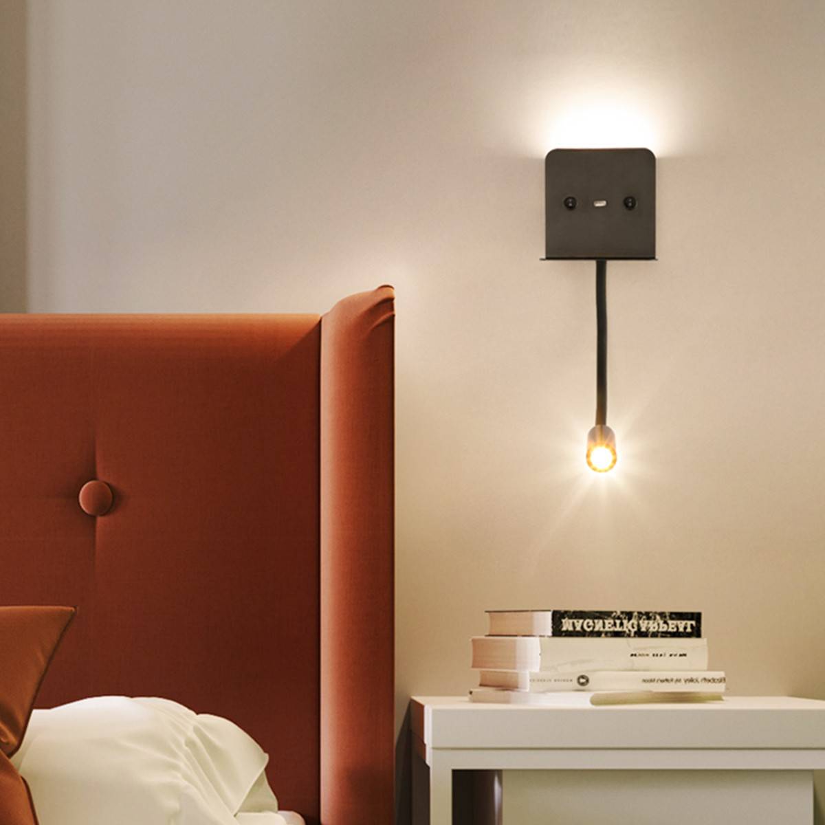 Aplique de pared LED para lectura "SLANGE" 3W + 6W orientable y base de carga USB