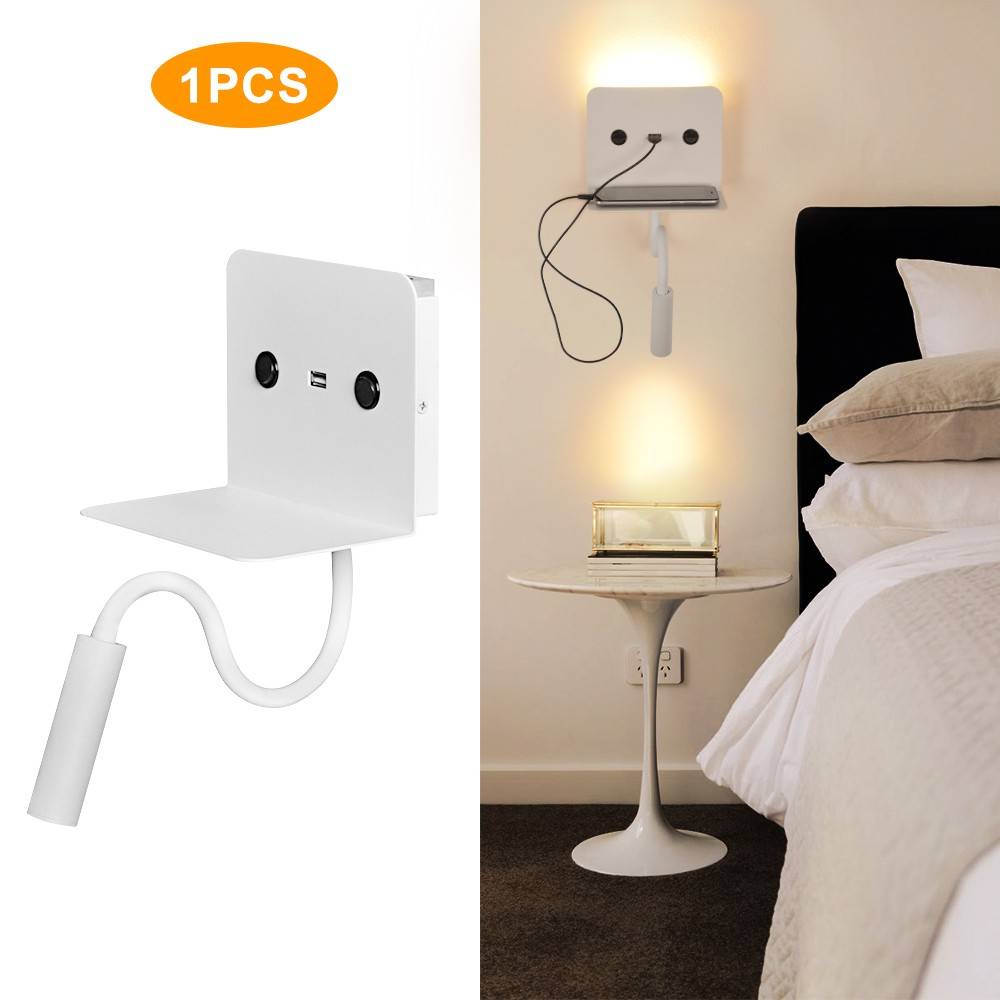 Aplique de pared LED para lectura "SLANGE" 3W + 6W orientable y base de carga USB