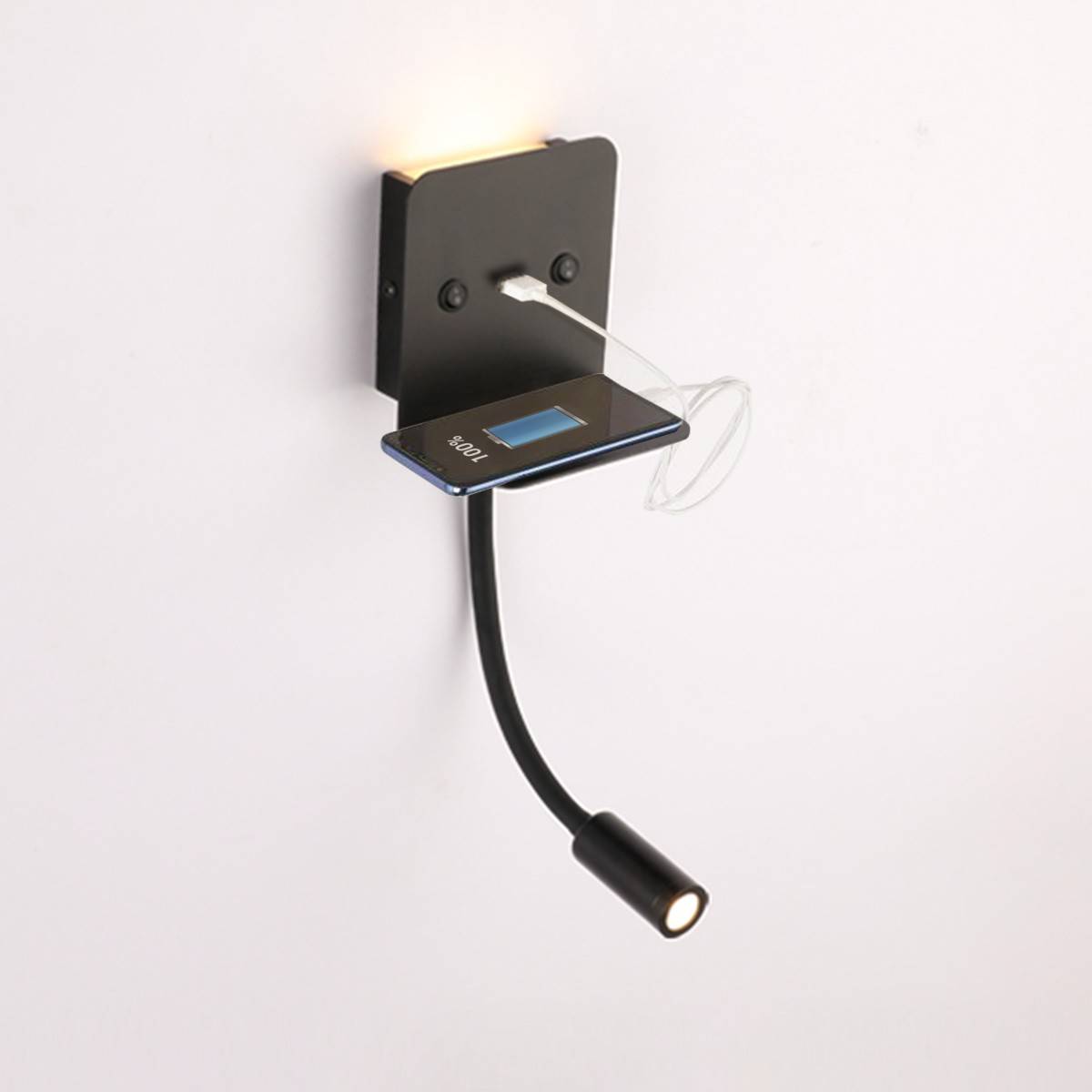 Aplique de pared LED para lectura "SLANGE" 3W + 6W orientable y base de carga USB