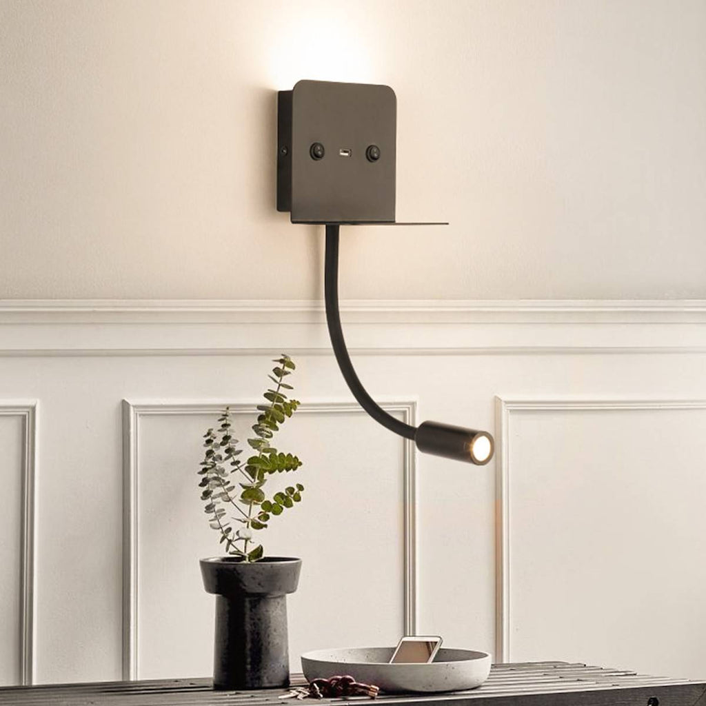 Aplique de pared LED para lectura "SLANGE" 3W + 6W orientable y base de carga USB