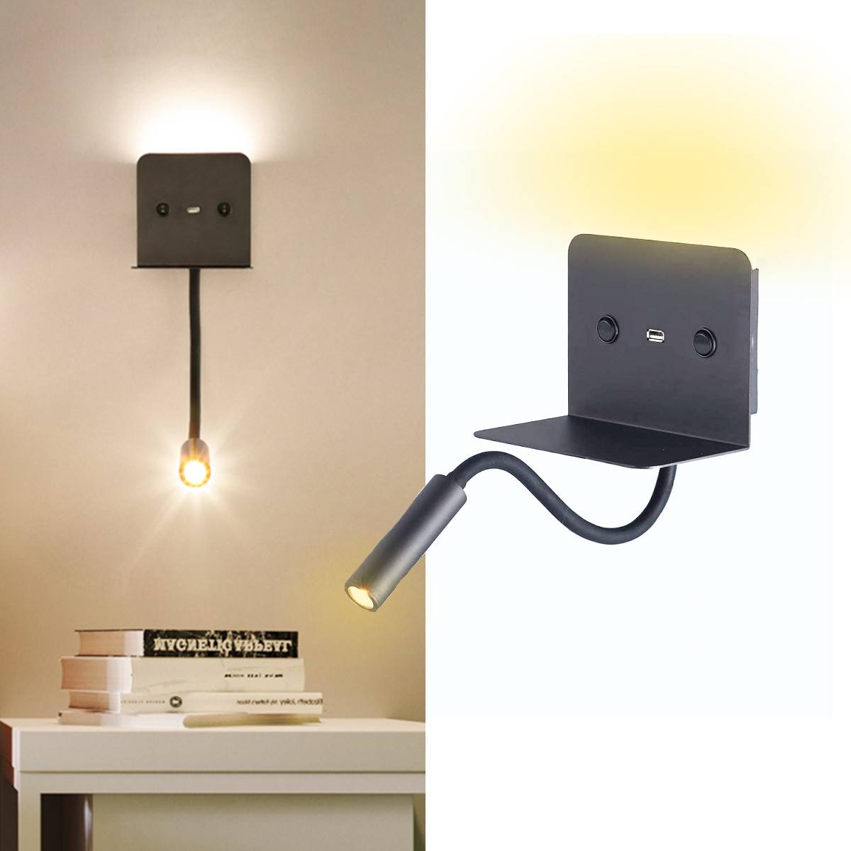 Aplique de pared LED para lectura "SLANGE" 3W + 6W orientable y base de carga USB