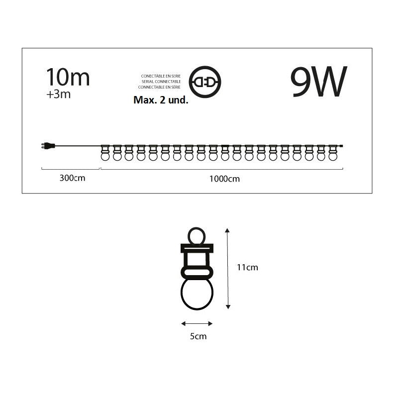 Guirnalda  Led 10m+3m con 20 bombillas en Blanco cálido 9W