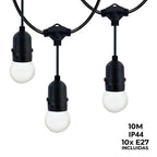 Kit guirnalda luces exterior 10 metros + 10 bombillas LED E27 1W - IP44 - Blanco cálido