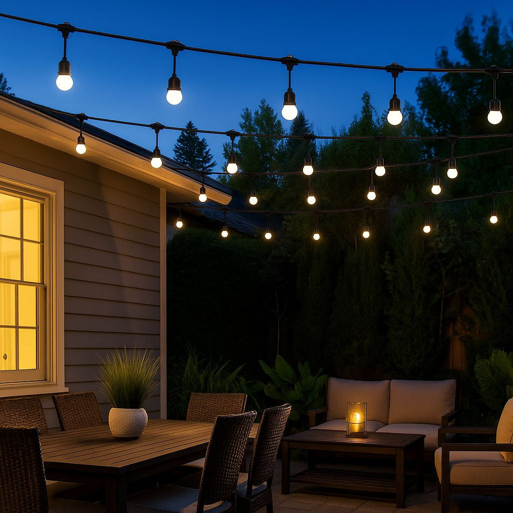 Kit guirnalda luces exterior 10 metros + 10 bombillas LED E27 1W - IP44 - Blanco cálido