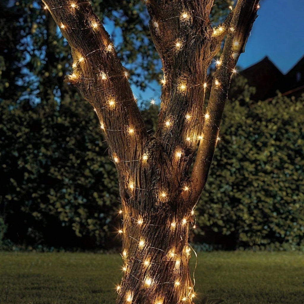 Guirnalda solar en alambre plateado - IP44 - 100 luces - Blanco cálido - 10 metros