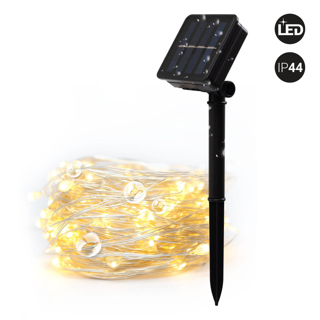 Guirnalda solar en alambre plateado - IP44 - 100 luces - Blanco cálido - 10 metros