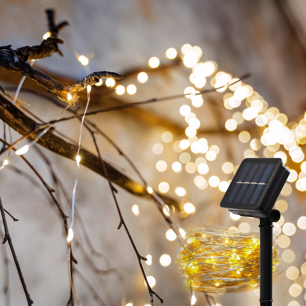 Guirnalda solar en alambre plateado - IP44 - 100 luces - Blanco cálido - 10 metros