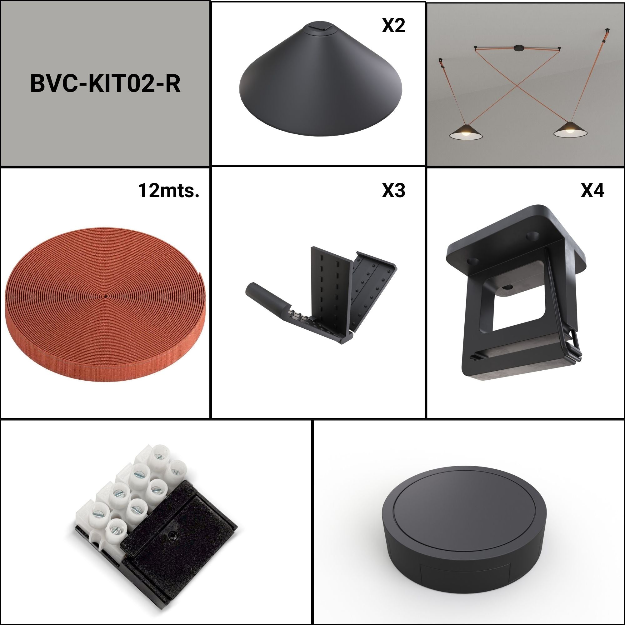 Lámpara cono configurable "Axia 2" - KIT 2 lámparas plato 12W + cinta textil eléctrica + accesorios