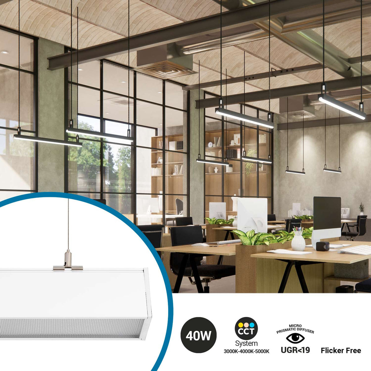 Luminaria lineal LED CCT - 40W - Suspensión / superficie - Potencia aj ...
