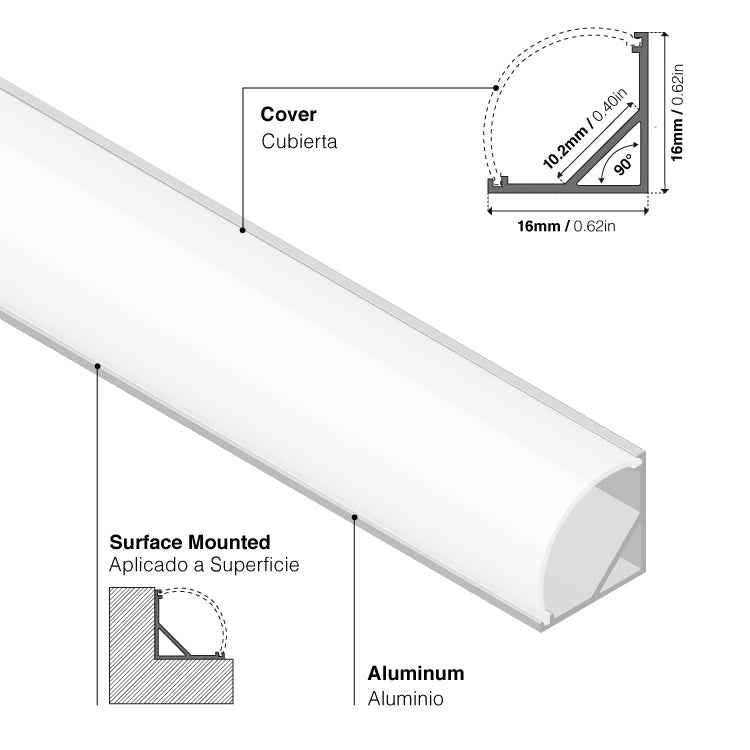 Perfil de aluminio de superficie para esquinas - Con difusor - Kit completo - 16x16mm - Tira LED hasta 10mm - 2 metros