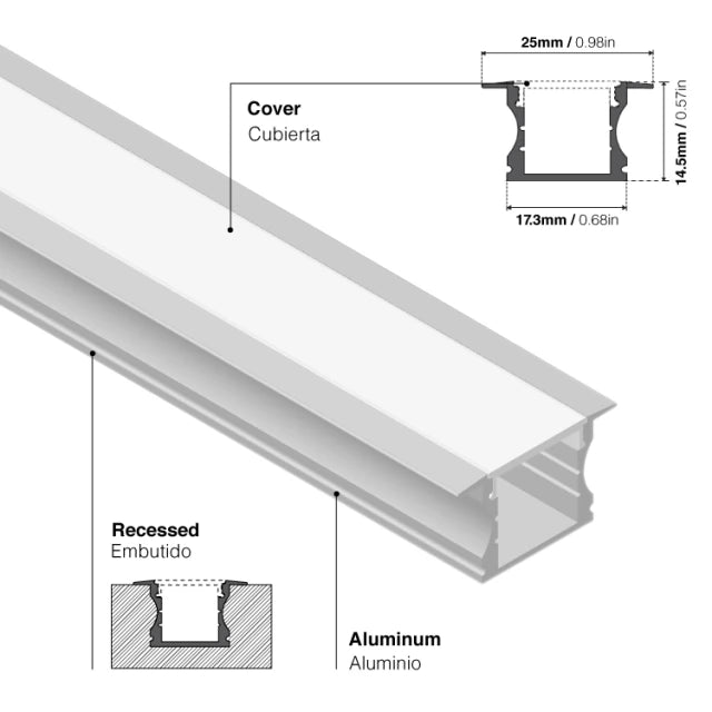 Perfil de aluminio de empotrar - Kit completo - 25 x 14,5mm - Tira LED hasta 12 mm - 2 metros